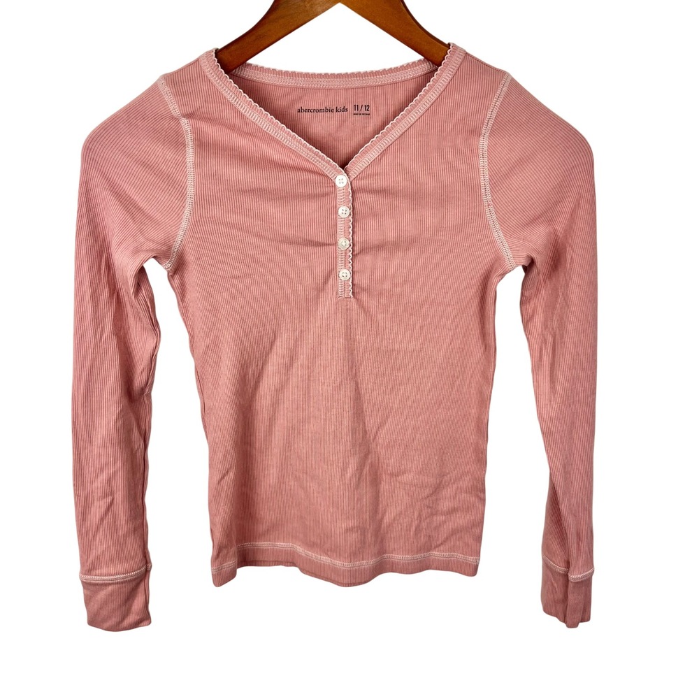 Abercrombie Kids Pink Ribbed Henley Long Sleeve Trim Top Size 11/12 Preppy